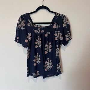 Lucky Brand Boho Floral Navy Women's Short Sleeved Top Size Large Cottagecore